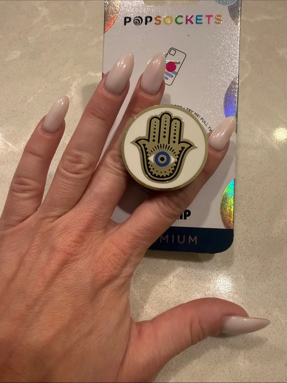 PopSocket PopGrip Hamsa Hand Phone Grip - White, Gold & Blue Accent